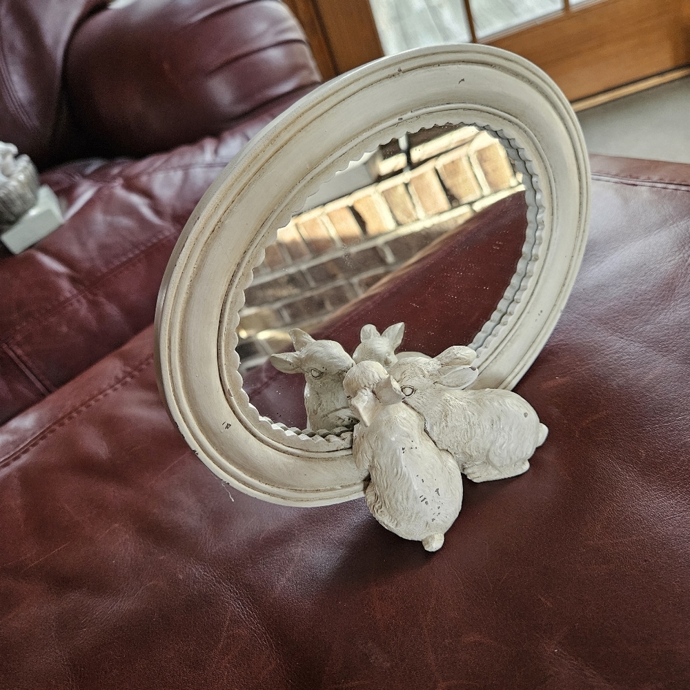 Oval Mirror with Rabbit Figurines - Picture 2 of 3